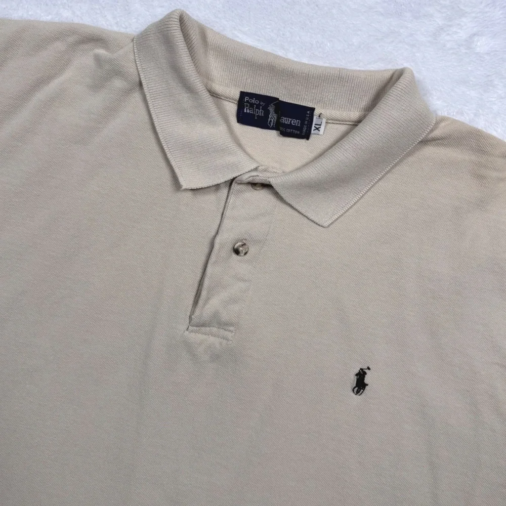 VTG 80s 90s Polo Ralph Lauren Polo Shirt Men XL Cream Pony Logo Boxy Made in USA